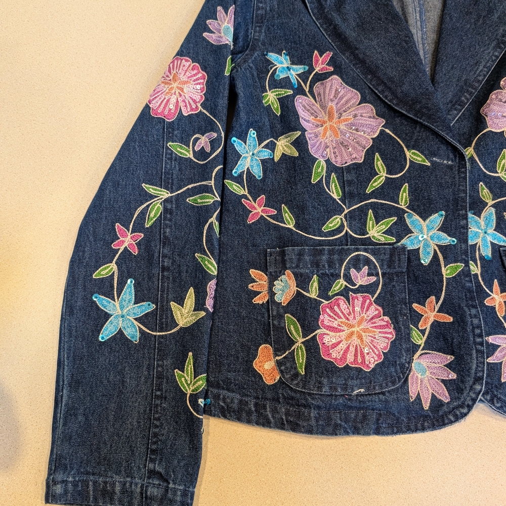 Vintage Embroidered Floral Dark Blue Jean Jacket - Picture 5 of 6